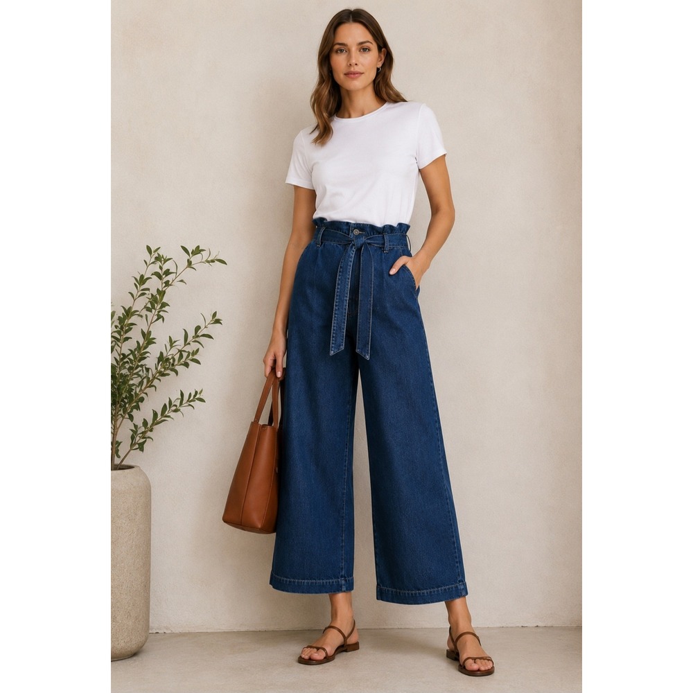 J.Crew Paperbag Waist Wide Leg Jeans Indigo‎ Blue Stretch Denim CB386 Size 26